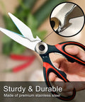 Heavy Duty Kitchen Scissors 2 Pack All Purpose Shears For Food Prep Stainless Steel Rust Resistant Extra Sharp Cutting Power Tough As Nails Multi Purpose Kitchen Scissors Set For Meat Veggies Poultry And Seafood, stainless steel blades, black and red handle