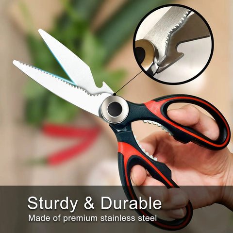 Heavy Duty Kitchen Scissors 2 Pack All Purpose Shears For Food Prep Stainless Steel Rust Resistant Extra Sharp Cutting Power Tough As Nails Multi Purpose Kitchen Scissors Set For Meat Veggies Poultry And Seafood, stainless steel blades, black and red handle