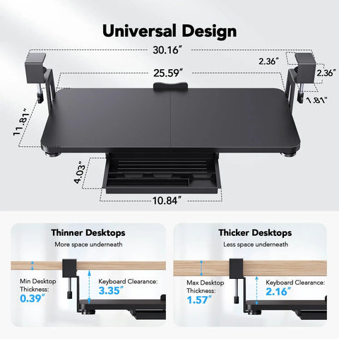 Universal design of Space-Saving Large Under Desk Keyboard Tray With Sturdy C Clamp Mount, 30.16 Inch Reach, black