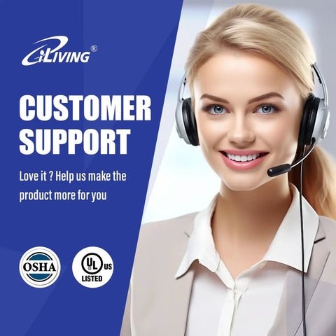 Customer support promotional image featuring smiling representative with headset, OSHA and UL logos visible.