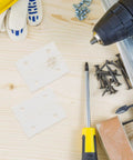 Clear Acrylic Door Hinges Set For Cabinets, Small Butt Hinges, 2 Pack with screwdriver and screws on a workbench.