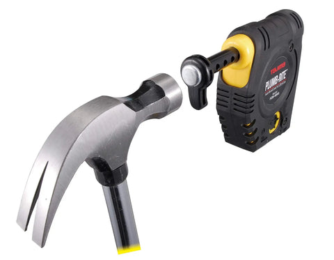 Magnetic Plumb Bob Setter 14 Ounce With Quick Stabilization Self Retracting 14.5 Foot Line and hammer on white background