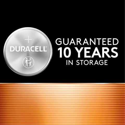 Duracell CR2032 Lithium Coin Batteries 3V Power Cells 9 Pack with 10 years storage guarantee on a black background.
