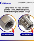 Cosmostar in-line ball check valve, 316 stainless, 1/4in NPT female and 1/4in NPT male ends