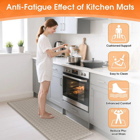 Person standing on Cushioned Anti Fatigue Kitchen Mats Set 2 Pack Non Slip Floor Rugs For Standing At Sink Or Stove Waterproof Kitchen Mats For Sink And Stove 17.3x30 And 17.3x47 Inches Brown in kitchen