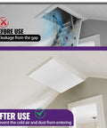Heavy Duty Attic Stairs Insulation Cover With Aluminum Foil Heat Barrier For Ceiling Access Door shown before and after use.