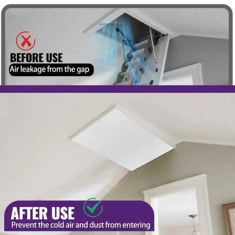 Heavy Duty Attic Stairs Insulation Cover With Aluminum Foil Heat Barrier For Ceiling Access Door shown before and after use.