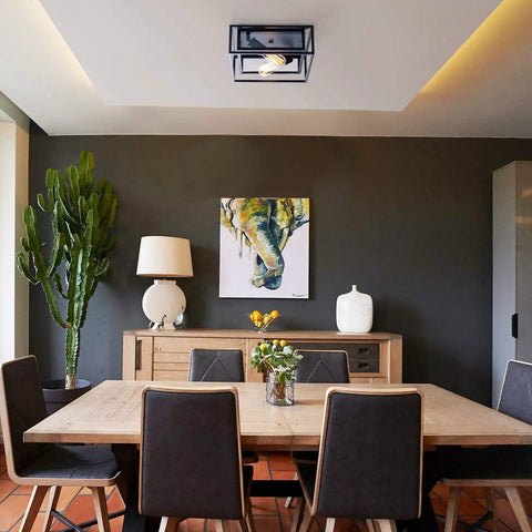 Sleek Black Flush Mount Ceiling Light Square Fixture With Glass Shade And Industrial Metal Cage Two Light Dimmable Ceiling Lamp