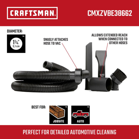 1-1/4 Inch Car Cleaning Wet Dry Vac Attachment Kit For Auto Detailing Fits Most Vacuums With A 2-1/2 Inch Drum Inlet Includes Crevice Tool Dusting Brush Car Nozzle And Extra Long 11 Foot Hose For Tight Spots