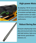 Portable precision boring machine with 110V motor (front view) and steel grooved boring bar (side view).