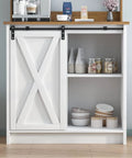 White Farmhouse Coffee Bar Cabinet With Hutch Sliding Barn Door 31 Inch Buffet With Six Mug Hooks And Adjustable Shelves For Living Room Dining Room For Kitchen Or Dining Room Dope Storage showing sliding barn door and open shelves.