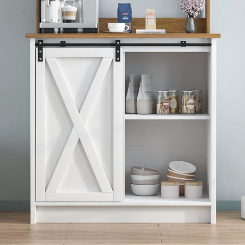 White Farmhouse Coffee Bar Cabinet With Hutch Sliding Barn Door 31 Inch Buffet With Six Mug Hooks And Adjustable Shelves For Living Room Dining Room For Kitchen Or Dining Room Dope Storage showing sliding barn door and open shelves.
