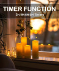 Flameless Flickering LED Candles Set Of 12 Ivory Plastic Pillars With Remote And Timer on windowsill at sunset view