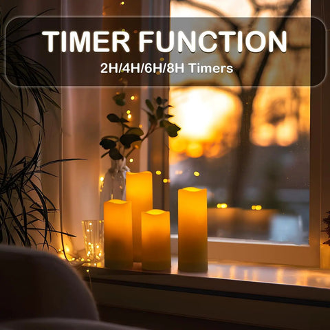 Flameless Flickering LED Candles Set Of 12 Ivory Plastic Pillars With Remote And Timer on windowsill at sunset view