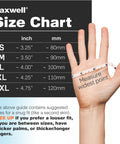Raxwell nitrile glove size chart showing sizes S–XXL with inch and mm measurements; hand measuring with tape.