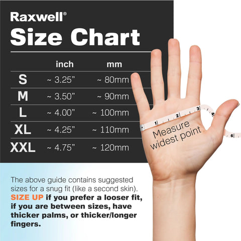Raxwell nitrile glove size chart showing sizes S–XXL with inch and mm measurements; hand measuring with tape.
