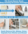 Tile grout cleaner brush showing V-shaped bristle in use on tiles, showcasing before and after cleaning, part of 11 Piece V Shaped Grout Cleaning Brush Set With Stiff Bristles Crevice Brushes And Stainless Steel Scraper For Bathrooms Kitchens Tiles Windows And Door Tracks Heavy Duty Cleaning Kit.