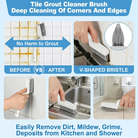 Tile grout cleaner brush showing V-shaped bristle in use on tiles, showcasing before and after cleaning, part of 11 Piece V Shaped Grout Cleaning Brush Set With Stiff Bristles Crevice Brushes And Stainless Steel Scraper For Bathrooms Kitchens Tiles Windows And Door Tracks Heavy Duty Cleaning Kit.