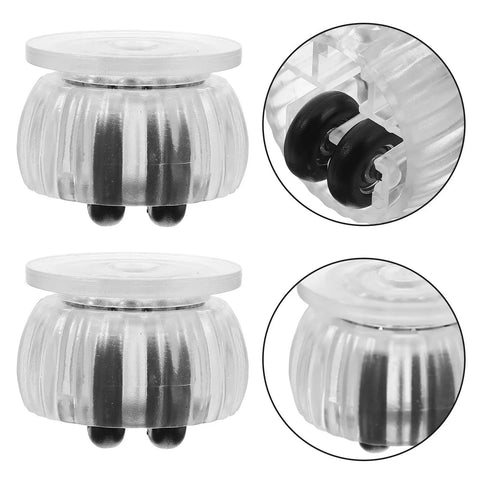 Furniture Casters with Brake, ABS Swivel Wheels for Cabinets, transparent design, dual black wheels for easy movement.