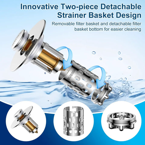 Universal Bathroom Sink Drain Strainer With All Metal Pop Up Stopper And Removable Stainless Steel Filter Basket Stops Pesky Hair Blockage For A Hella Smooth And Leak Free Daily Wash Silver showing detachable strainer and filter basket.