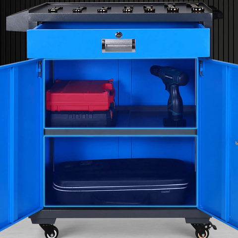 Heavy Duty Tool Cart With Drawer And Pegboard Screwdriver Holder 330 Pound Capacity Durable Steel Construction On Heavy Duty Wheels For Warehouse Garage And Workshop Use, blue open cabinet