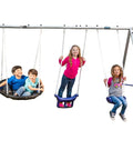 Backyard Swing Set With Seven Seats And Five Stations, Five Foot Wave Slide, Easy Assembly Galvanized Steel Frame, See Saw, Super Disc Swing, Non Slip Seats, Adjustable Height Chains For Kids, Outdoor Kid Friendly Fun.