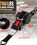 Heavy Duty 1 Inch By 12 Foot Retractable Ratchet Straps With 1760 Pound Break Strength Cargo Tie Downs For Motorcycle Jetski Kayak, 2 Pack Black All Weather showing locking mechanisms