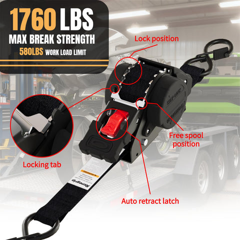 Heavy Duty 1 Inch By 12 Foot Retractable Ratchet Straps With 1760 Pound Break Strength Cargo Tie Downs For Motorcycle Jetski Kayak, 2 Pack Black All Weather showing locking mechanisms