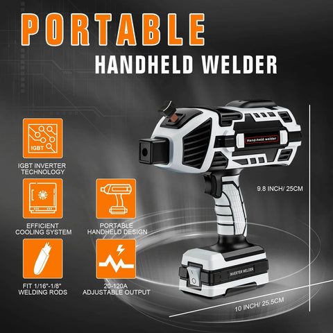 Portable Handheld Arc Welder Gun With IGBT Inverter, 110V, 120 Amp, lightweight, compact, side view showing features and size.