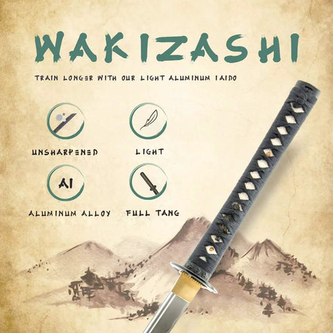 Kickass Unsharpened Aluminum Wakizashi Iaito For Iaido Practice 21 Inch Tomoe Crest Training Sword With Fuller Bo Hi