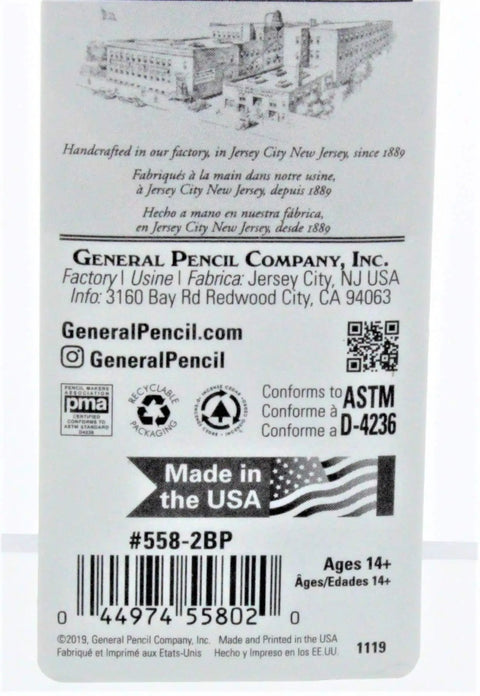 Product label for Charcoal White Transfer Pencils 2 Pack 2B USA Made featuring manufacturing details and contact information.