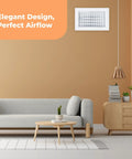 Modern living room with Vent Deflector For 10 By 6 Inch Duct Opening White Wall Grille With Adjustable Front Blades, above sofa