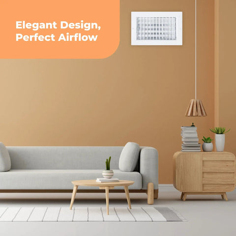 Modern living room with Vent Deflector For 10 By 6 Inch Duct Opening White Wall Grille With Adjustable Front Blades, above sofa