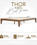 Premium King Solid Wood Bed Frame With Classic Japanese Joinery And Reinforced Wooden Slats For Rock Solid Support That Ditches The Box Spring Requirement While Providing Hassle Free Assembly For Your Cozy Bedroom Vibe In Rich Walnut, showcasing dimensions and stability features.