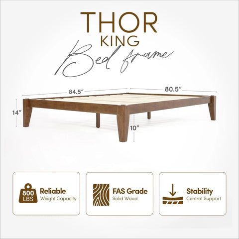 Premium King Solid Wood Bed Frame With Classic Japanese Joinery And Reinforced Wooden Slats For Rock Solid Support That Ditches The Box Spring Requirement While Providing Hassle Free Assembly For Your Cozy Bedroom Vibe In Rich Walnut, showcasing dimensions and stability features.