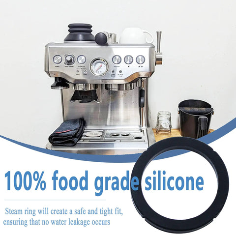Silicone Group Head Gasket For Espresso Machines Repair Kit Two Pack Fits Silvia Models Leak Proof Seal shown next to espresso machine.