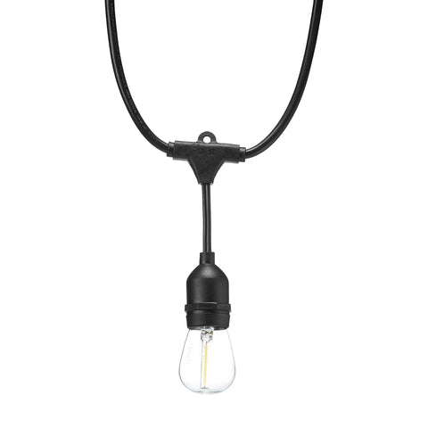 Outdoor LED String Lights 48 Feet With 16 Edison Style S14 2700K Soft White Bulbs On Black Cord close-up of single bulb