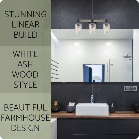 Ashland 24 Inch 3 Light Farmhouse Vanity Light With Hammered Glass Shades In Gray Oak Finish Dope Modern Industrial Bath Fixture