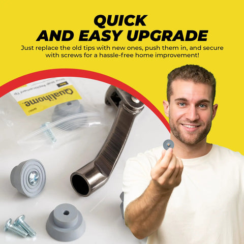 Man holding Door Stopper Replacement Rubber Tips for Kickdown and Drop Down Doors, Ribbed Foot for Positive Hold package.