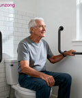 Heavy Duty Black Stainless Steel Shower Grab Bars 2 Pack With L Shaped And Straight Hands, installed beside a toilet for support.