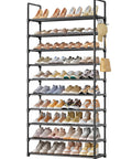 Go-To Heavy Duty 10 Tier Shoe Rack, Tall Entryway Organizer Holds Up To Forty Pairs, Built-In Side Hooks For Backpacks And Daily Essentials, Roomy Floor Shelf Stand In Matte Black with various shoes displayed.
