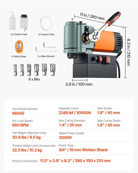 VEVOR low-profile magnetic drill press by Amazon, 1300W, 1.4 in bore, Weldon 3/4 in shank