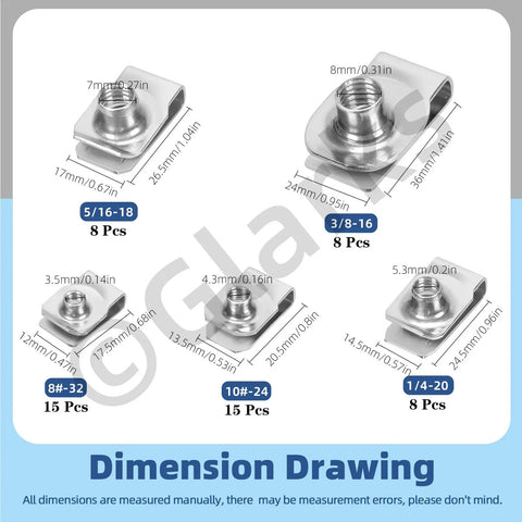 54 Piece Assorted U Style Clip On Nuts Crafted From Grade 304 Stainless Steel Snap Tight To Auto Fender And Dash Panel Hardware dimensions and sizes.