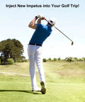 Person in blue shirt golf swinging on lush green fairway under clear sky while promoting golf trip excitement.