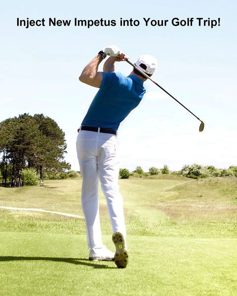 Person in blue shirt golf swinging on lush green fairway under clear sky while promoting golf trip excitement.