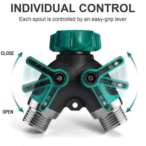 Garden hose splitter 2-way with dual green lever handles and metal threaded fittings.
