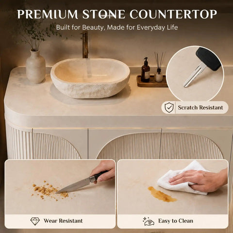 Top Shelf 60 Inch Freestanding Bathroom Vanity With Dual Vessel Sinks Illuminated Led Mirror showing premium stone countertop features.
