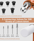 Pneumatic Rivet Gun With 500 Rivets And 5 Nosepieces, showing valve and nosepiece sizes for 3/32 to 1/4 inch rivets.