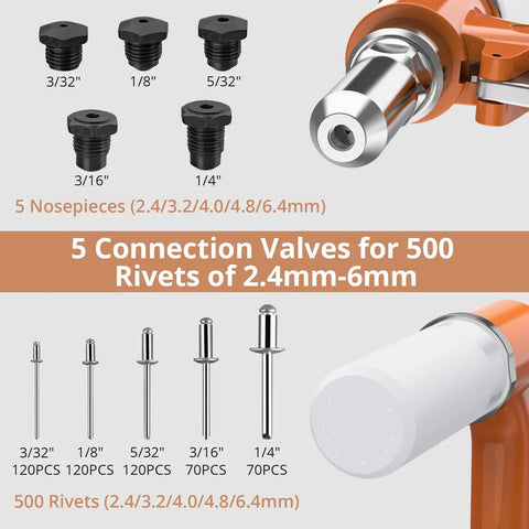 Pneumatic Rivet Gun With 500 Rivets And 5 Nosepieces, showing valve and nosepiece sizes for 3/32 to 1/4 inch rivets.