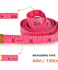 Pink measuring tape in inches and centimeters, 60in/150cm, rolled with highlighted segments.